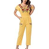 YZXDORWJ Women's Mexican Floral Embroidered Jumpsuits Casual Lace Short Sleeves Pants with Two Pockets