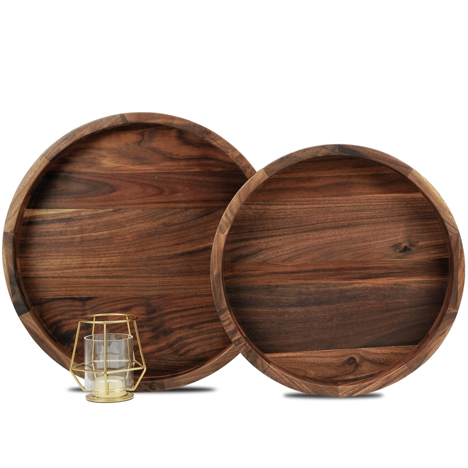 MAGIGO Set of 2 Large Round Black Walnut Wood Ottoman Tray with Handles, Serve Tea, Coffee, Classic Wooden Decorative Serving Tray, 12 &14 inches