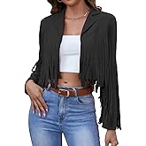 American Trends Womens Casual Faux Leather Jacket Fringe Tops Tassel Suede Cropped Coats Motorcycle Jacket