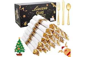 Liacere 100Pack Pre Rolled Gold Silverware and Napkin-Disposable Gold Plastic Utensils-Wrapped Plastic Cutlery Set with Napkin:100 Forks,100 Knives,100 Spoons,100 Napkins for Christmas＆New Year
