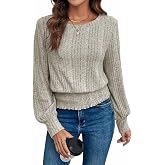 IYICLOTH Womens Smocked Waist Long Sleeve Sweater Fall Tunic Banded Hem Top | Soft Knit Pullover,Elastic Waist,Spring Fashion Daily &amp; Office Outfits Dressy Shirts