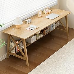 NELYE Extra Long Desk with Bookshelf - Solid Wood
