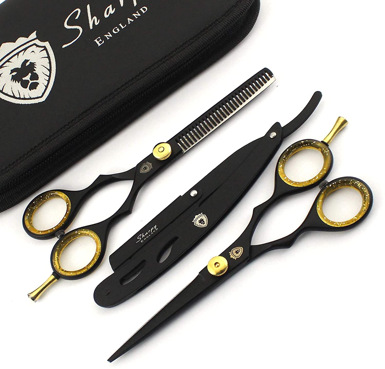 SHARPY Professional Barber Hairdressing Scissors Set Salon Hair Cutting Thinning Scissors Cutter Shears Stainless Steel Black 5.5inch