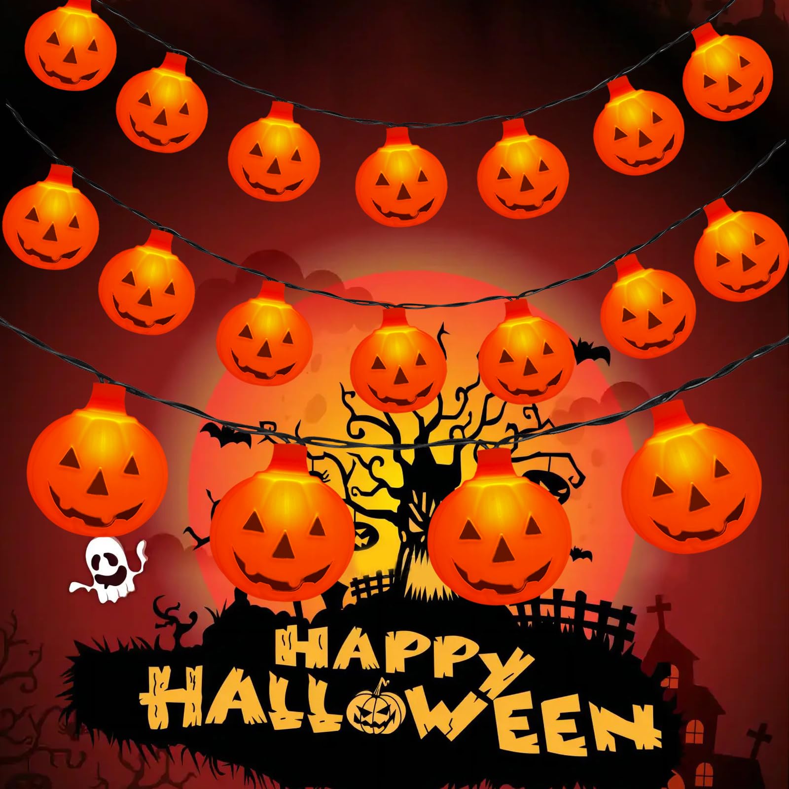 Photo 1 of 10 LED Pumpkin String Lights - 8.5FT Waterproof, UL Listed for Indoor/Outdoor Halloween Party & Garden Decor
