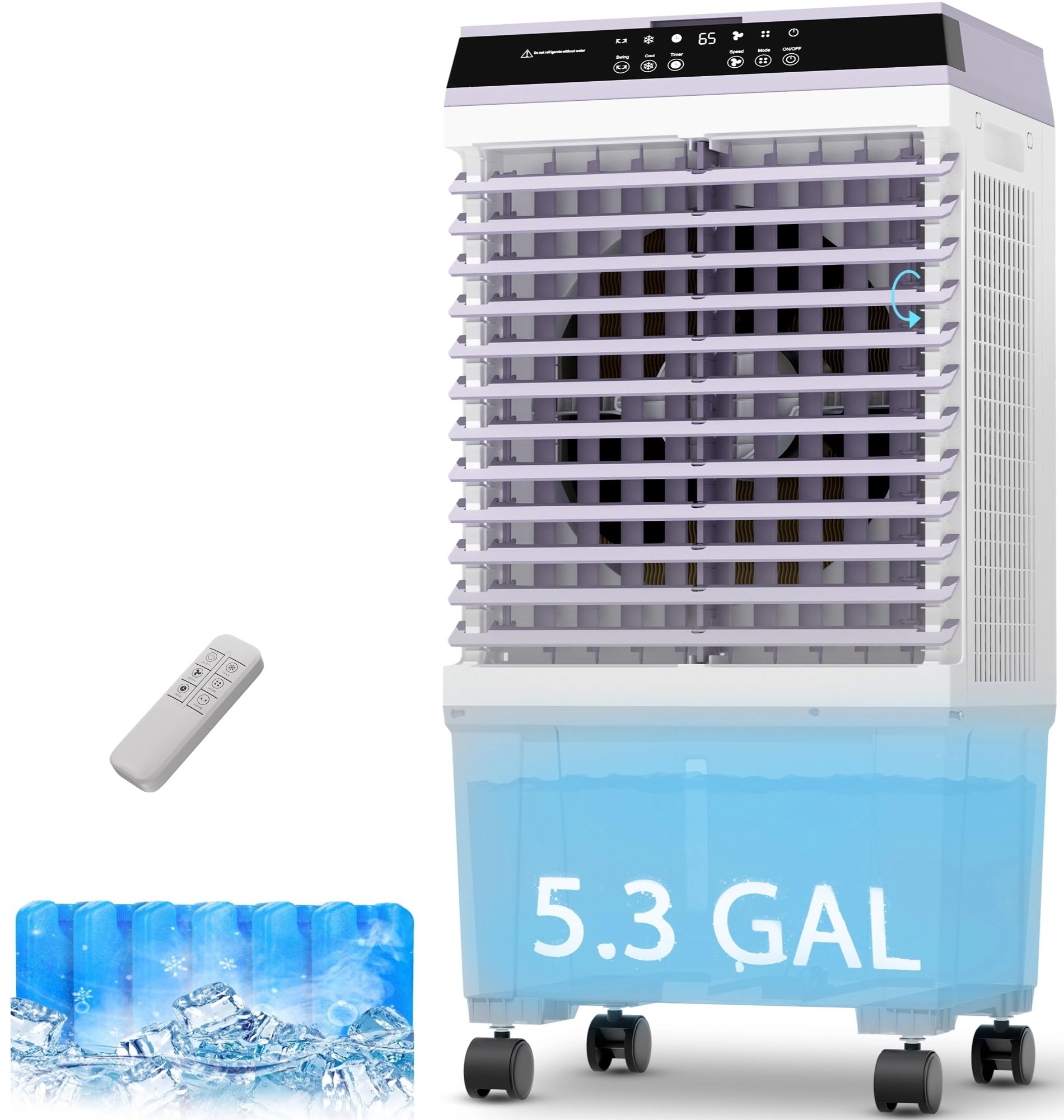 Mountman Swamp Cooler, 1800 CFM Evaporative Cooler 5.3 Gal Water Tank, 6 Ice Packs, 2 Modes, 3 Speeds, 120 Oscillation, Remote, 12H Timer, Air Cooling for Bedroom, Home, Office, Kitchen