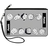 Buckle-Down Peanuts Wallet, Zip Clutch, Peanuts Gang Ten Character Faces Gray Black White, Canvas