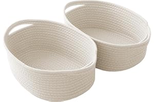 JMvicyroam Woven Basket,Small Rope Storage Bin with Handles & Ribbon Bag, Organizer for Shelves Closets,Gift Basket Empty for Birthday,Books,Dog Toys,White/2 Pack