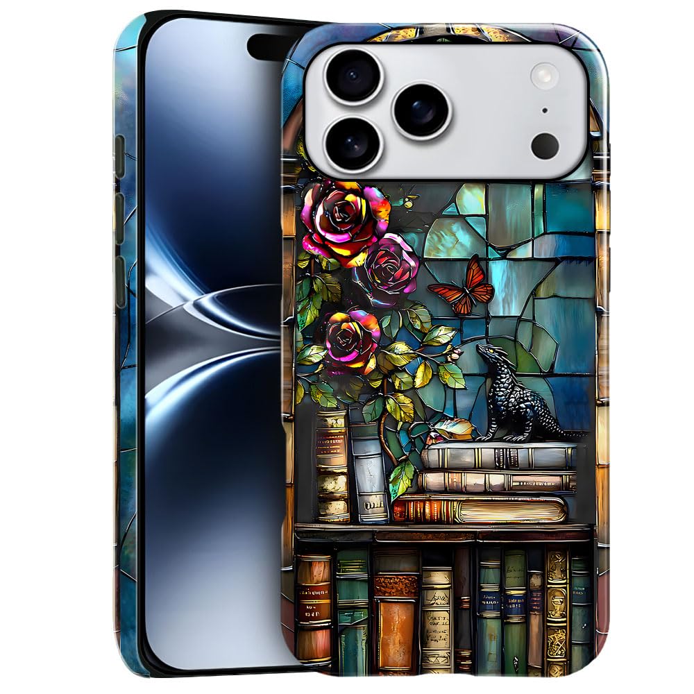 Compatible with iPhone 17 Pro Max,Anti-Scratch Glossy Case Cover,Dragon Bookshelf Pattern Stained Glass