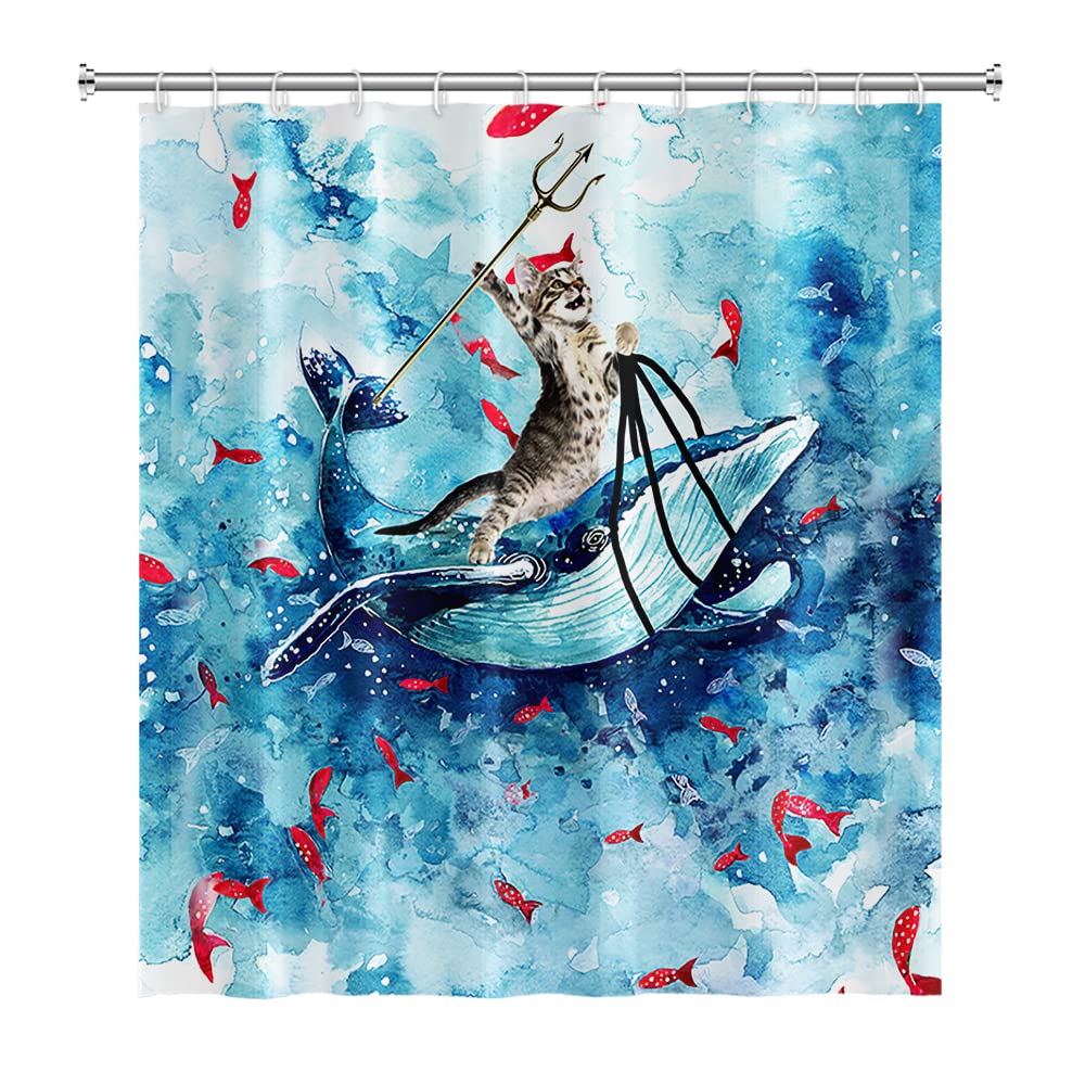 SDOTPMT 122x183cm Funny Cat Shower Curtain Cute Cat Riding Whale Ocean Wave Bath Curtain Cartoon Red Fish Blue Bathtub Curtain for Kids Bathroom Decor Fabric Polyester Waterproof with Hooks