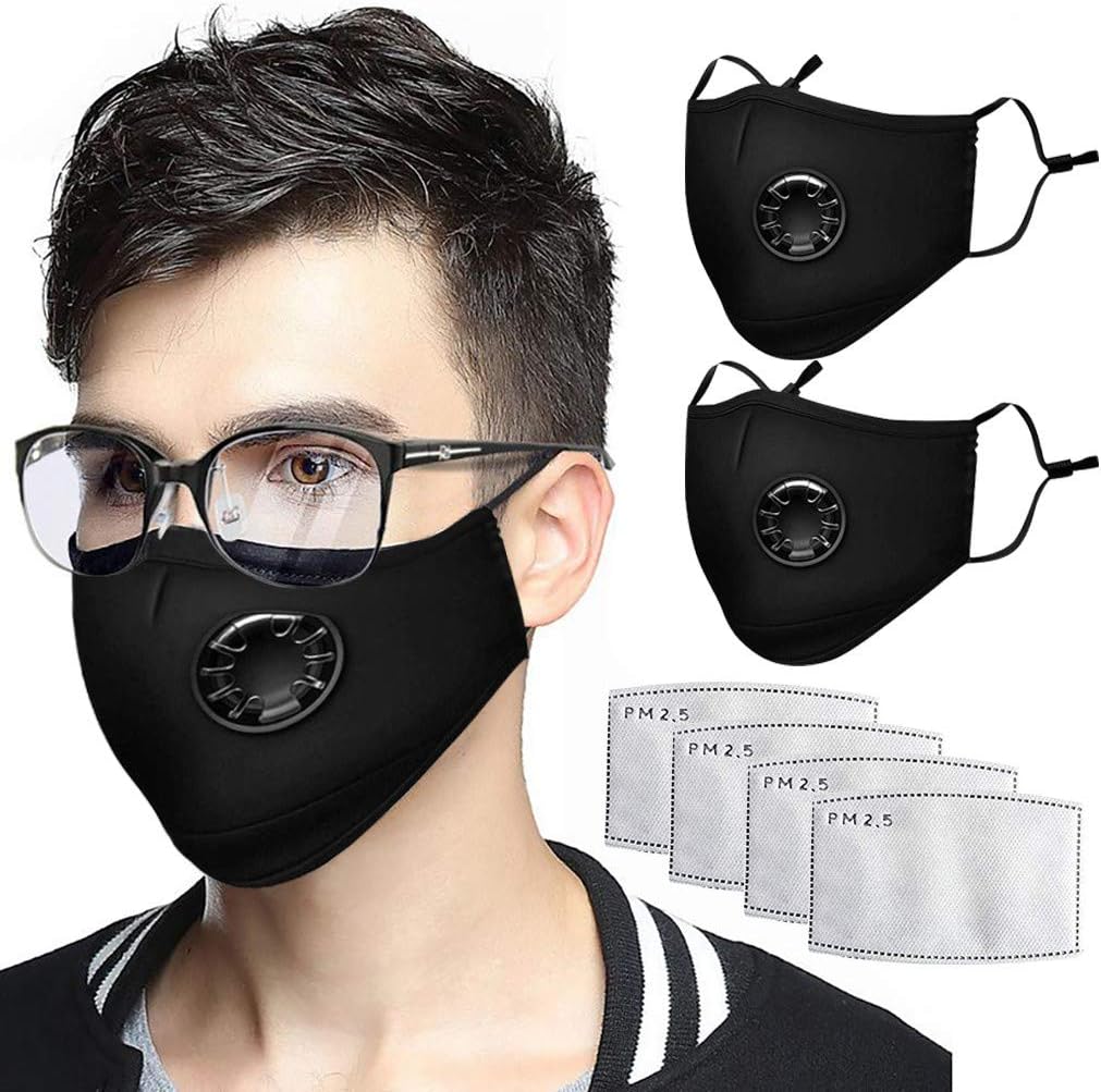 2PC P-M-2.5 Dust Massk N-9-5 with 4 replaceable filters Anti Pollution Breathable Respirator Air Face Massks Reusable Washable Comfortable Cotton Adjustable for adult Outdoor Activities (black)