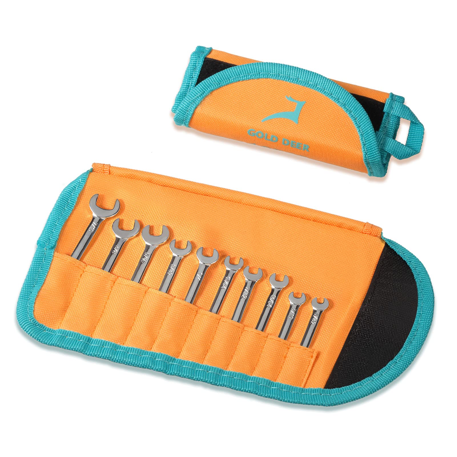Gold Deer 10 Pcs Mini Wrench Set Standard SAE 5/32"-7/16" Extra Slim Spanner with Mirror Finishing Small Wrench Set Combination Wrench Set Open End and Box End Ignition Wrench with Storage Roll Pouch