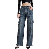 Menbnual Women's Cargo-Inspired Patch Pockets Jeans Long High Waisted 6 Pockets Straight Wide Leg Washed Denim