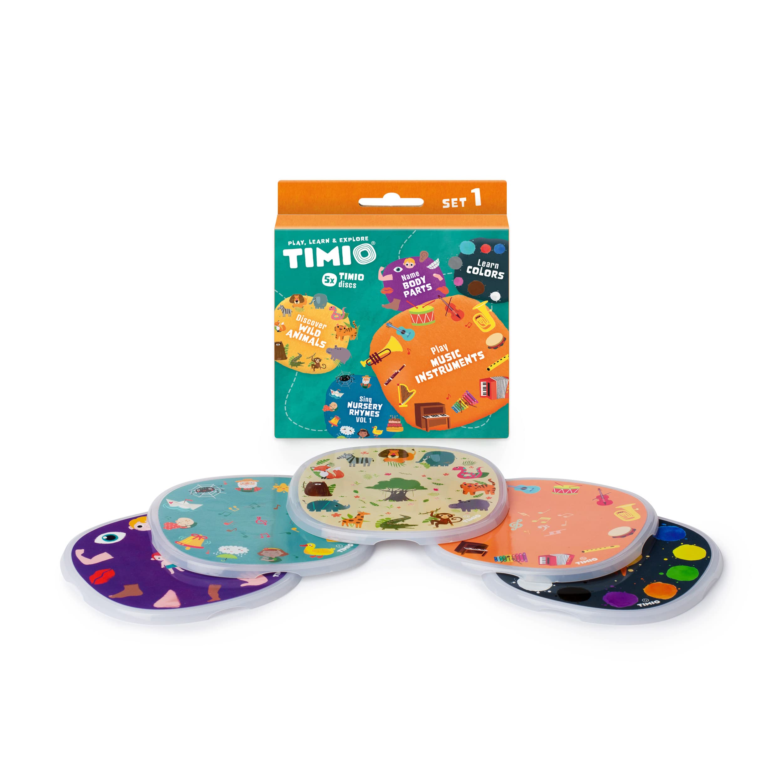 TIMIO Disc Set # 1: 5 Audio Discs for the TIMIO Player | Learn Colours, Wild Animals, Music Instruments, 96 Nursery Rhymes Vol. 1, Body Parts | 8 Languages included | Learning Toy from 2 - 6 years