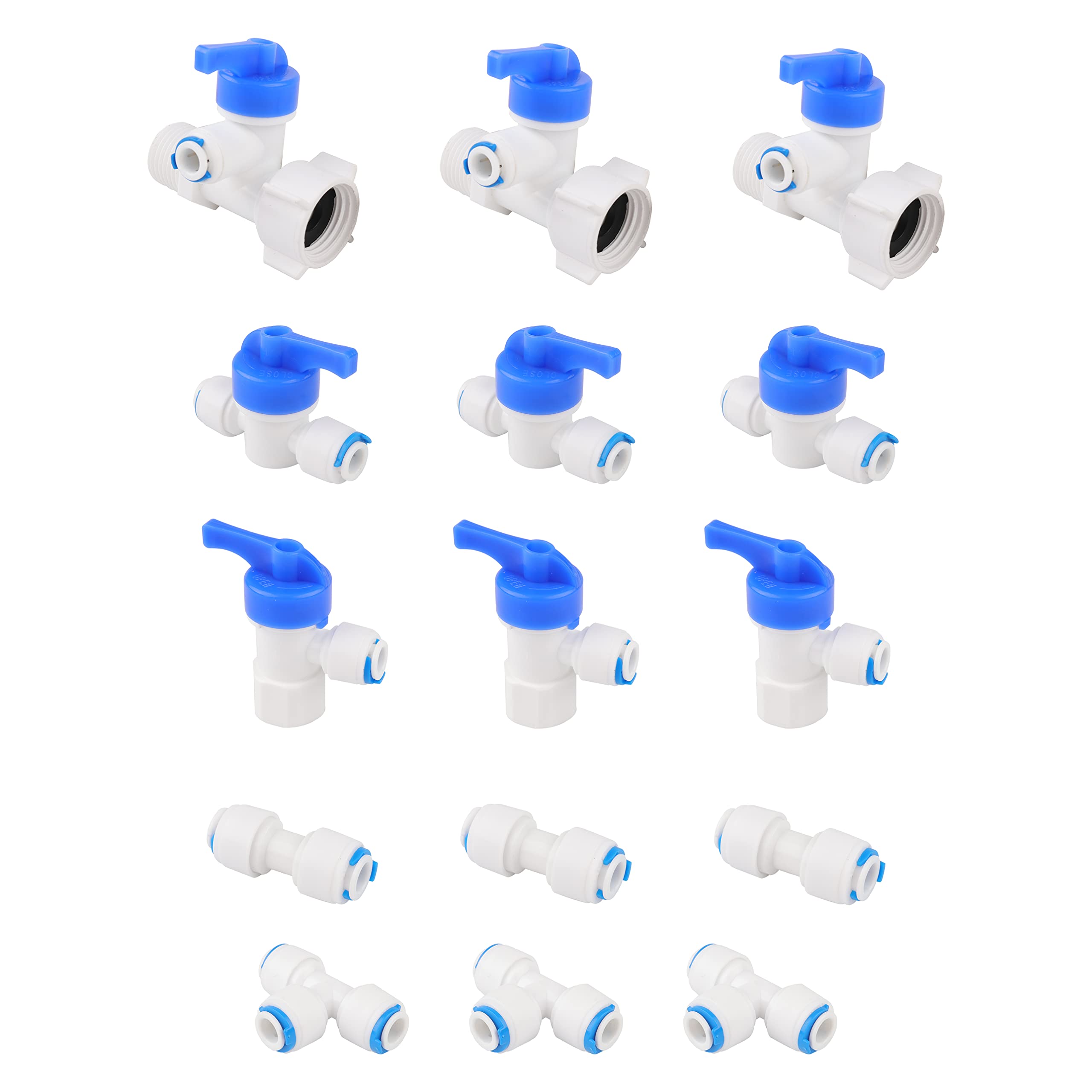 Pxyelec 15pcs 1/4" RO Water Filter Fitting Kit with Tee, Inline Shutoff, T, I Connectors & Ball Valves