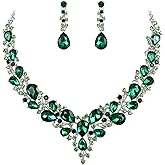BriLove Women's Wedding Bridal Austrian Crystal Teardrop Cluster Statement Necklace Dangle Earrings Jewelry Set