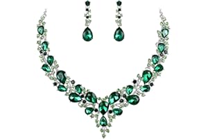 BriLove Women's Wedding Bridal Austrian Crystal Teardrop Cluster Statement Necklace Dangle Earrings Jewelry Set