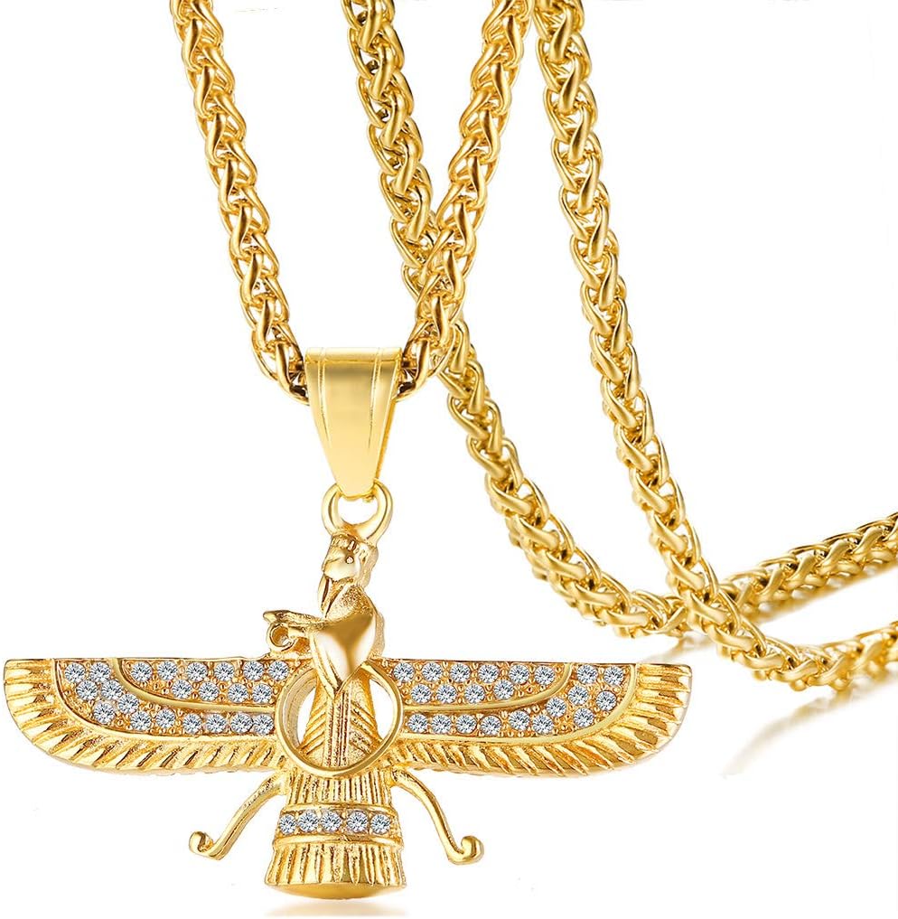 Mgutillart 18K Gold Plated Jewelry Stainless Steel Crystal Necklace Farvahar Symbol Tag Pendant Necklace