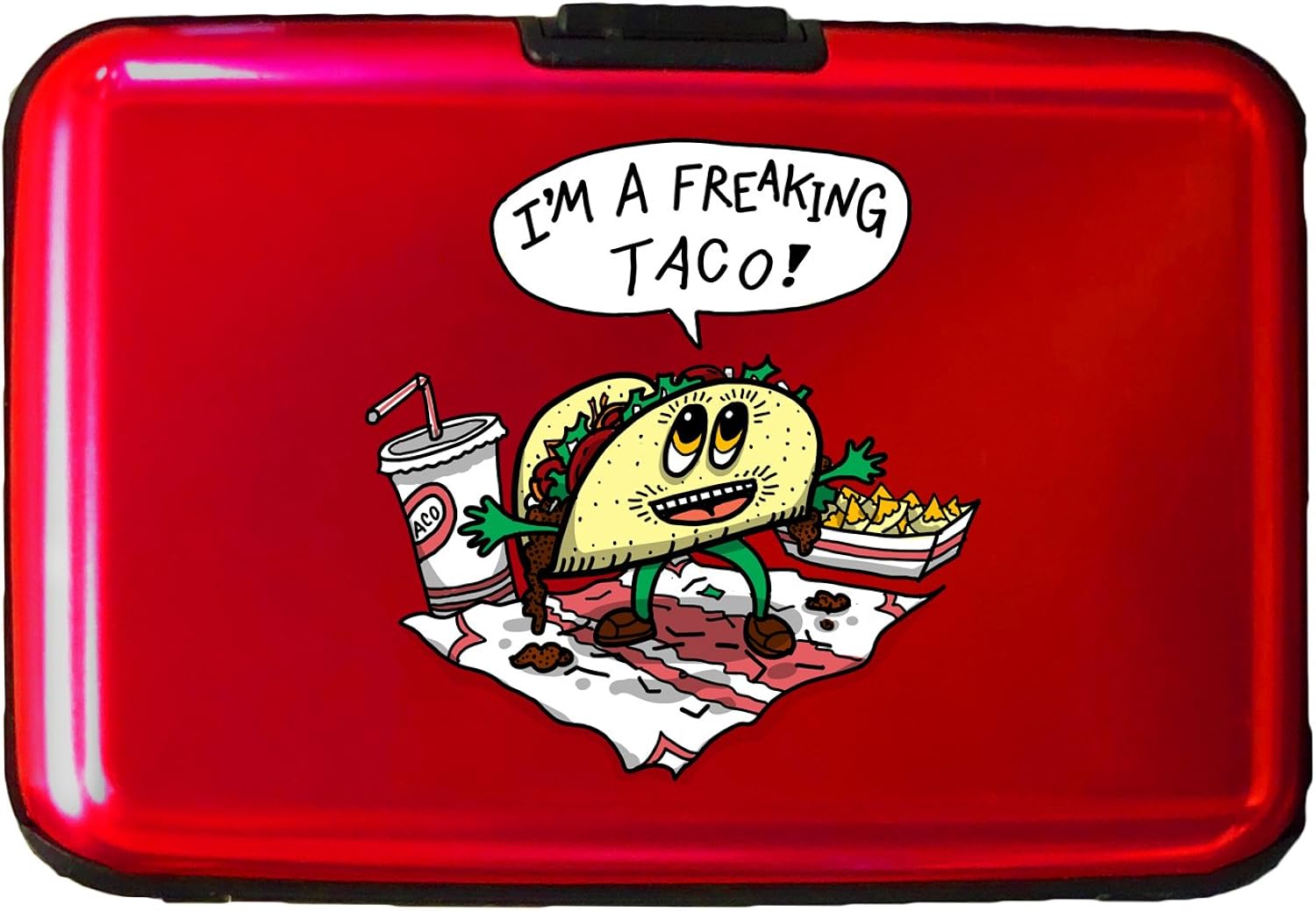 Freakin Taco Funny Mexican Food Cartoon Humor - 3D Color Printed Red Aluminum Hard Credit Card Wallet