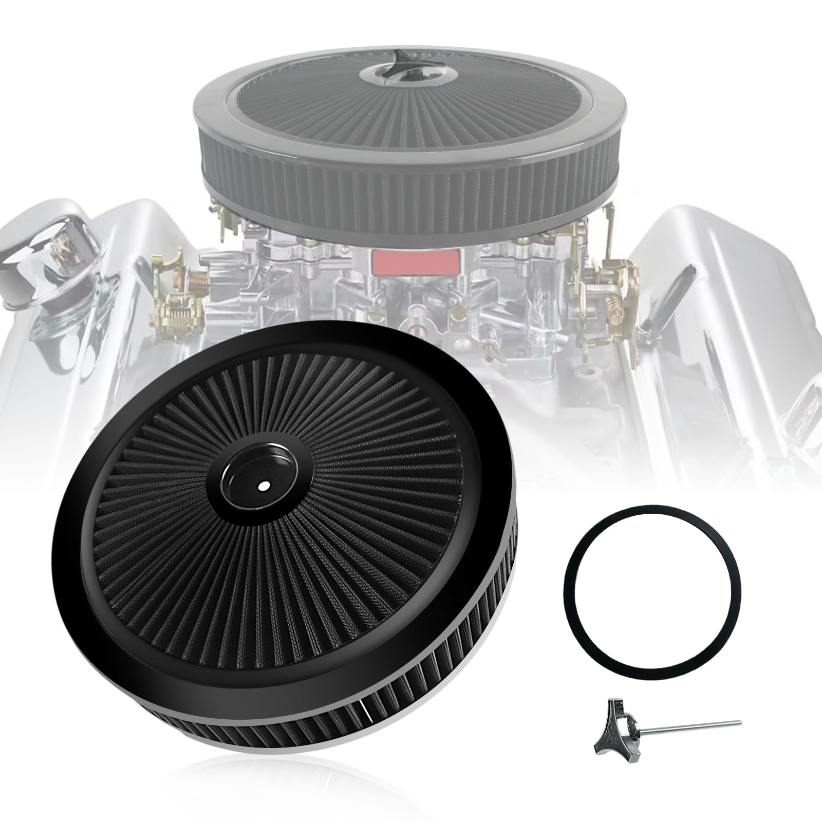 Photo 1 of High Flow 14"x3" Round Air Cleaner filter Kit Compatible with GMC Chevy Ford Chrysler Dodge V8 5-1/8" Carb Neck Chrome Lid, Washable Filter, 4330ABK