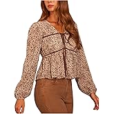 SOLY HUX Women's Floral Peplum Tops Tie Front V Neck Lantern Long Sleeve Ruffle Vacation Blouse