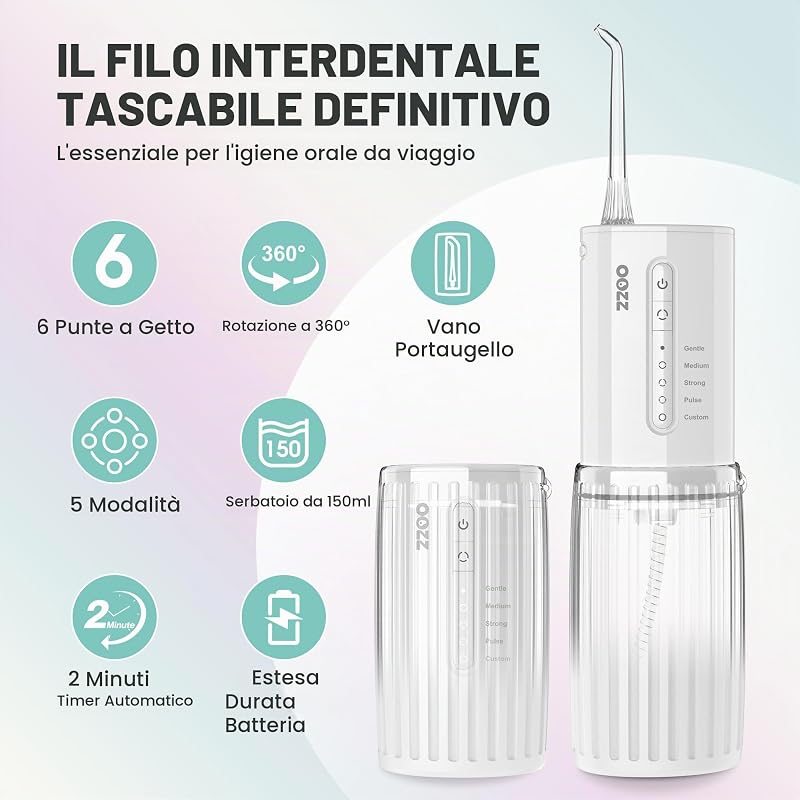 Idropulsore da viaggio, irrigatore orale tascabile senza fili, 5 modalità di pressione, 6 ugelli, design compatto ricaricabile tramite USB, irrigatore orale portatile per denti (Cloud)