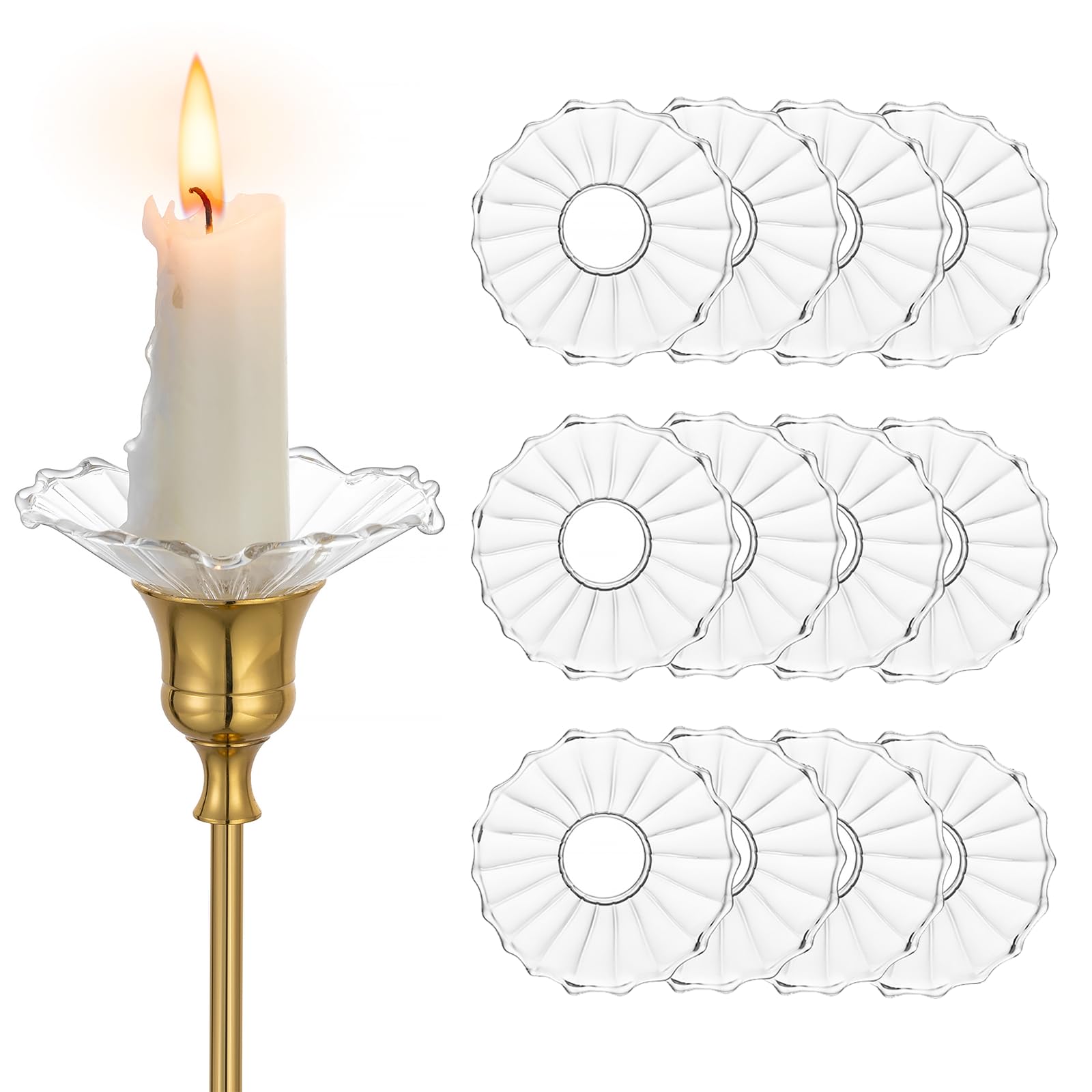 Glass Candle Drip Protectors for Candlesticks: Hewory 12 pcs Bobeches Wax Catcher for Candle Sticks - Clear Ribbed Curved Candle Rings for Candles Church Wedding Centrepiece