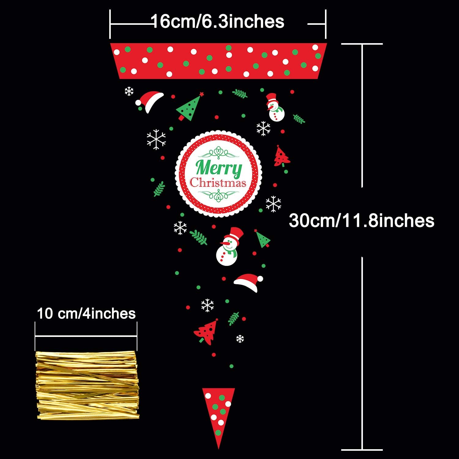 Whaline 100 Pieces Christmas Cello Cone Bag Clear Cello Bag Popcorn Bag with 100 Gold Twist Ties for Christmas Party Festival Favor - Image 3