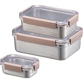 LocknLock Stainless Steel Food Storage Containers with Lids, Metal Lunch Boxes, Leak-Proof, Microwave, Freezer and Dishwasher Safe, 3-Piece Set, 1 x 310ml and 1 x 1000ml and 1 x 2000ml