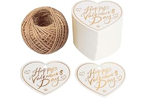 LAOBAN Gift Wrap Tags,100pcs Paper Heart-Shaped Happy Valentine's Day Tags with Natural Jute Twine for Gift Bags and DIY Projec(White)