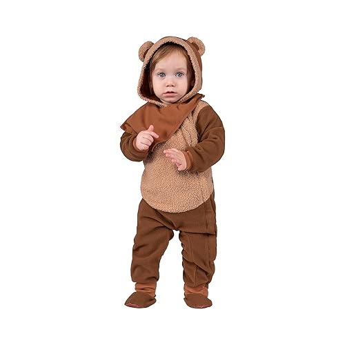 STAR WARS Ewok Official Infant Halloween Costume - Premium Quality Minky Jumpsuit with Attached Hood and Non-Slip Booties (0-6 months)