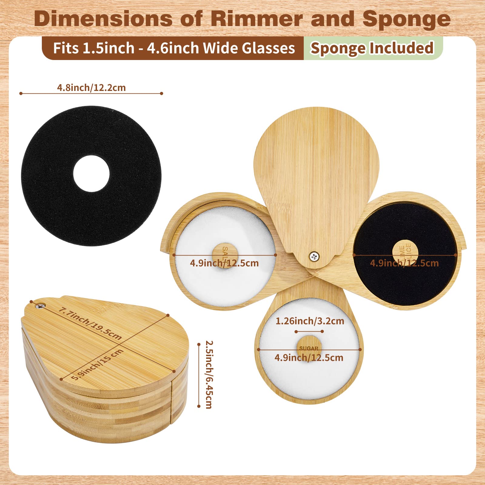 Margarita Salt Rimmer Set,1 Pack 3 Tier Bar Glass Rimmer Bamboo Wood Sugar Salt Box with Sponge,Bartender Tool for Cocktail and Margarita