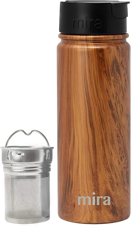 Amazon Com Mira Stainless Steel Insulated Tea Infuser Bottle For Loose Tea Thermos Travel Mug With Removable Tea Infuser Strainer Wood 18 Oz Kitchen Dining