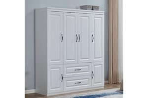 Idealcabin 4 Doors Classic White Large Freestanding Wardrobe Armoire Wooden Closet Cabinet with Hanging Rod & Shelves Bedroom Clothes Storage Bathroom Wood Organizer(20.5" D x 63" W x 71.0" H)