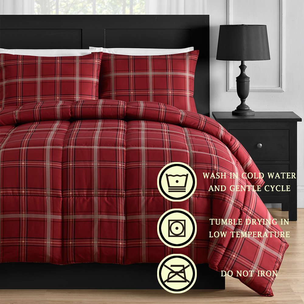 Comfy Bedding Red Plaid Down Alternative 3piece Comforter Set (Red