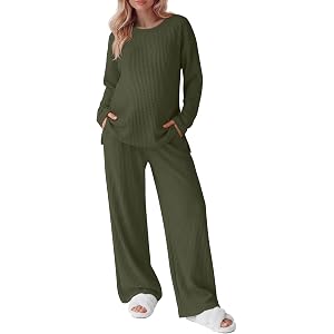 Huukeay Women's Maternity 2 Piece Outfits | Lounge Set, Long Sleeve, Waffle Knit, Pregnancy, Oversized, Pockets, Stretchy, So