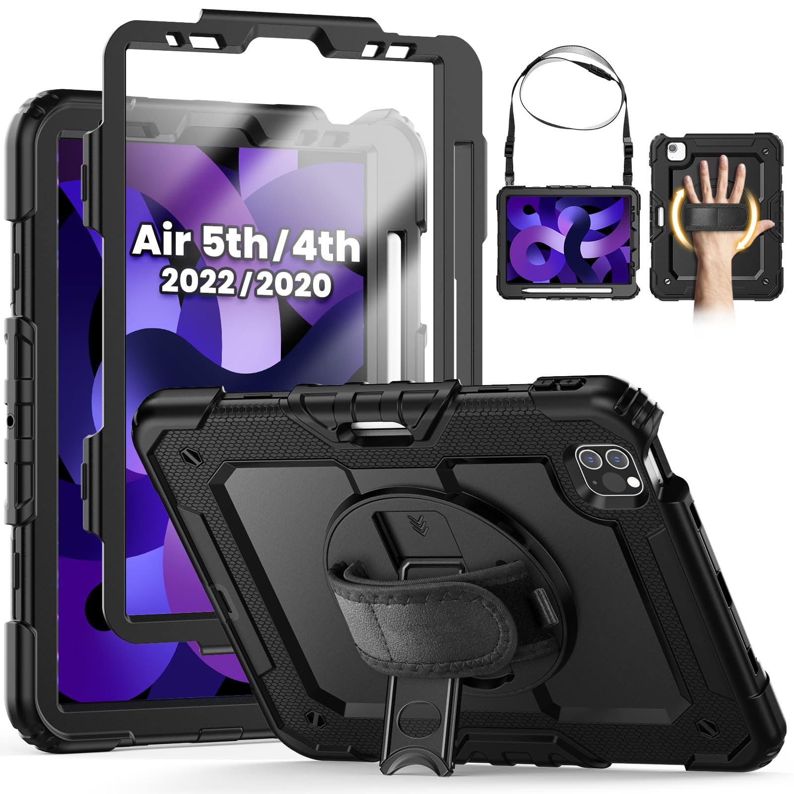 SEYMCY Case for iPad Air 5th/4th Generation 10.9 inch 2022/2020, Full-body Shockproof with Screen Protector, 360° Rotating Stand & Hand Strap, Carrying Strap, Pencil Slot, Black