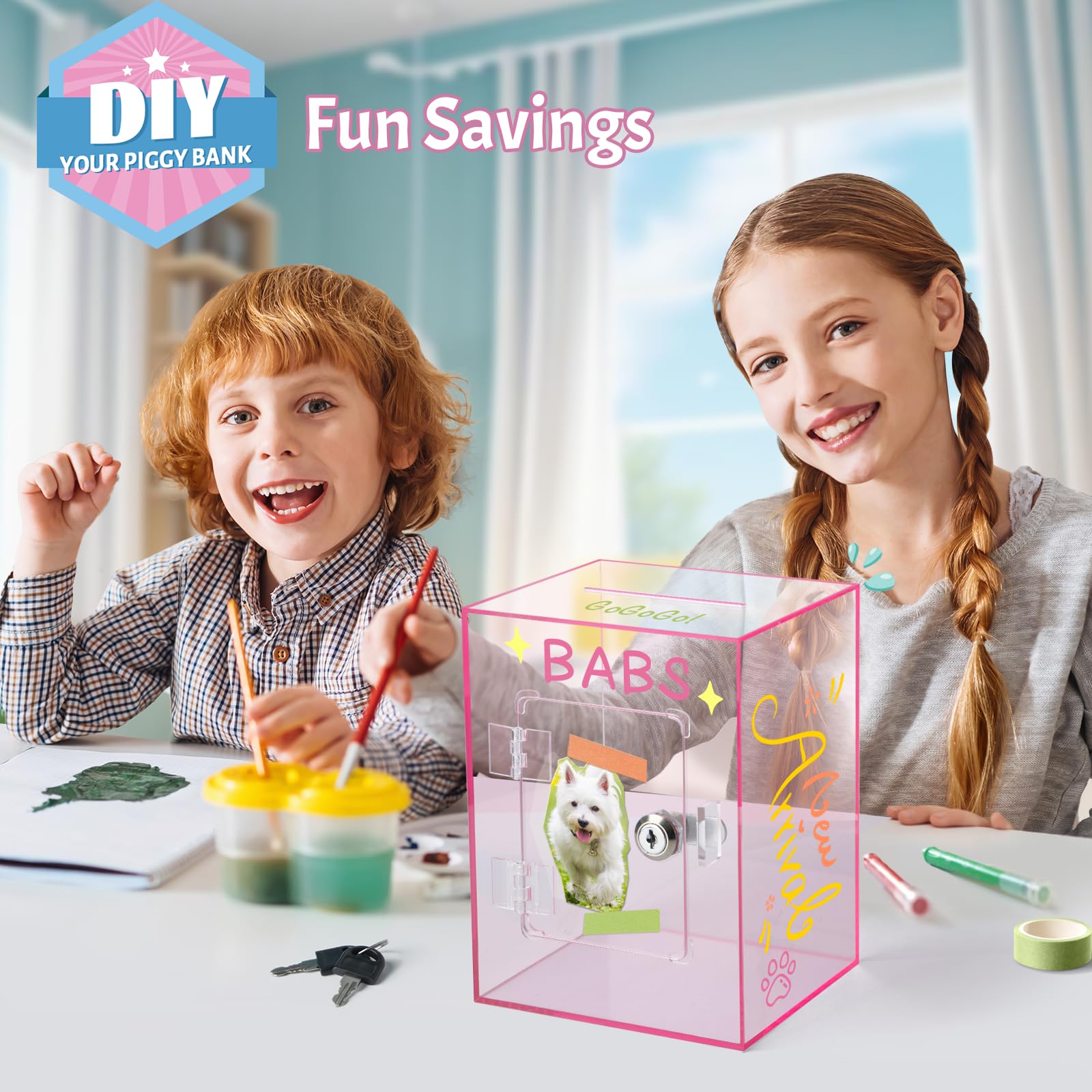Clear Piggy Bank for Adults Kids, Large Acrylic Piggy Bank Money Saving Box for Cash Saving with Key, Openable Clear Acrylic Savings Jar for Real Money (Pink)