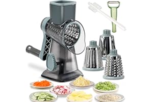 BNUNWISH Rotary Cheese Grater Shredder with Handle Handheld Round Mandoline Vegetable Slicer Carrot Shredder Nut Grinder with 3 Replaceable Stainless Steel Drum Blades and Upgrade Strong Suction, Grey/Cyan