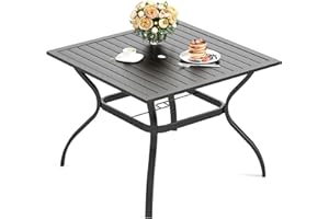 HERA'S HOUSE 37” Outdoor Table for 4, 4-Person Metal Steel Slat Square Patio Dining Table with Umbrella Hole for Lawn Garden Backyard