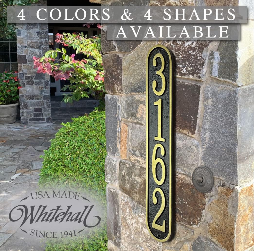 Plaques & Wall Art - Whitehall™ Personalized Cast Metal Vertical Address plaque. Four colors, four shapes available! Made in the USA. BEWARE OF IMPORT IMITATIONS. Custom house number sign. BEWARE OF IMITATIONS