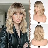 FESHFEN Shoulder Length Wigs with Bangs - Ombre Blonde Natural Looking Wavy Medium Length Synthetic Hair Bob Wig for Women Daily Party Use, 14 inch