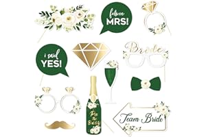 NICROLANDEE 12 Pack Green Gold Forest Rustic White Floral Photo Booth Props for Wedding, Bride to Be, Engagement, Bachelorett
