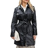 SOMTHRON Women's Mid Length Faux PU Leather Trench Coat Long Sleeve Zip Up Lapel Long Jacket Overcoat with Belt