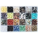 1200pcs 6mm Natural Round Stone Beads Real Gemstone Beading Loose Gemstone Hole Size 1mm DIY Smooth Beads for Bracelet Necklace Earrings Jewelry Making,Box Packed(24 Material -A,6mm)