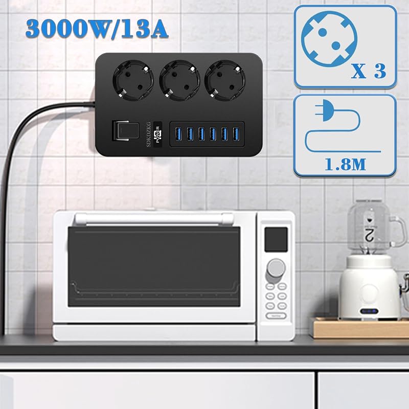 Multiprise 3 Prises Multiple (13A/3000W) avec Interrupteur Individuelles, 6 Ports de Charge USB (3.1A/5V),1.8m Adaptateur Secteur Les Câbles, Applicable à Bureaux Et Voyage en Maison (Noir)