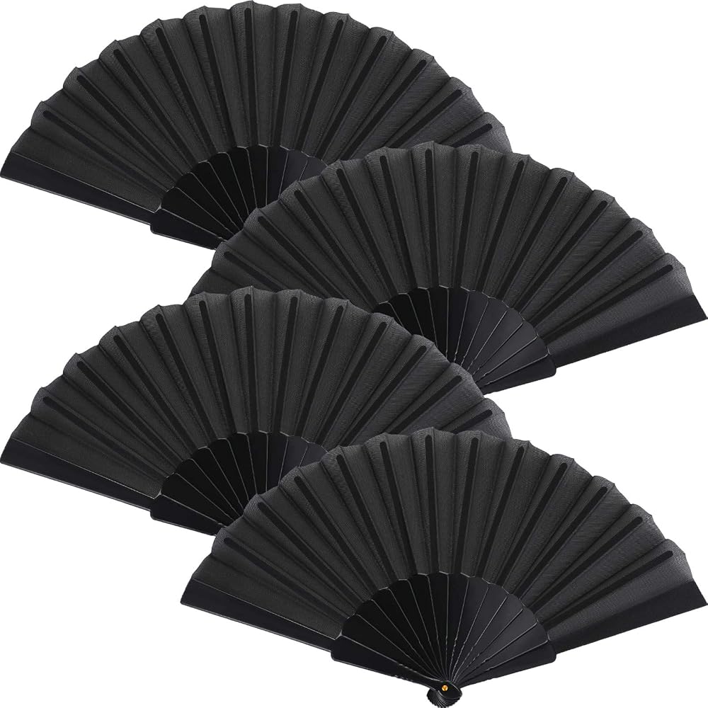 Blulu 4 Pcs Black Folding Hand Fan 9 Inch Oriental Cloth Fabric