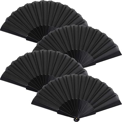 Blulu 4 Pcs Black Folding Hand Fan 9 Inch Oriental Cloth Fabric