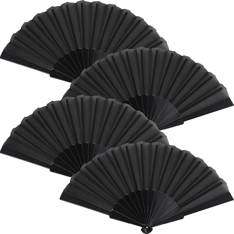 Blulu 4 Pcs Black Folding Hand Fan 9 Inch Oriental Cloth Fabric