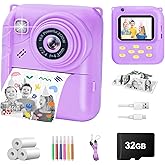 Instant Print Camera for Kids, 1080P Video Camera with 3 Print Rolls, 32GB Card & Cute Cover, Gift for Girls Boys Age 3-12, Toddler Digital Camera with Games, Filters, Music – Purple