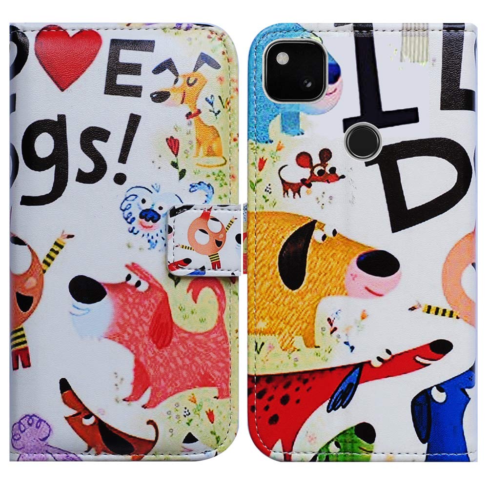 Bcov Google Pixel 4a Case (2020), Colorful Cute Dogs Leather Flip Case Wallet Cover with Card Slot Holder Kickstand For Google Pixel 4a Phone